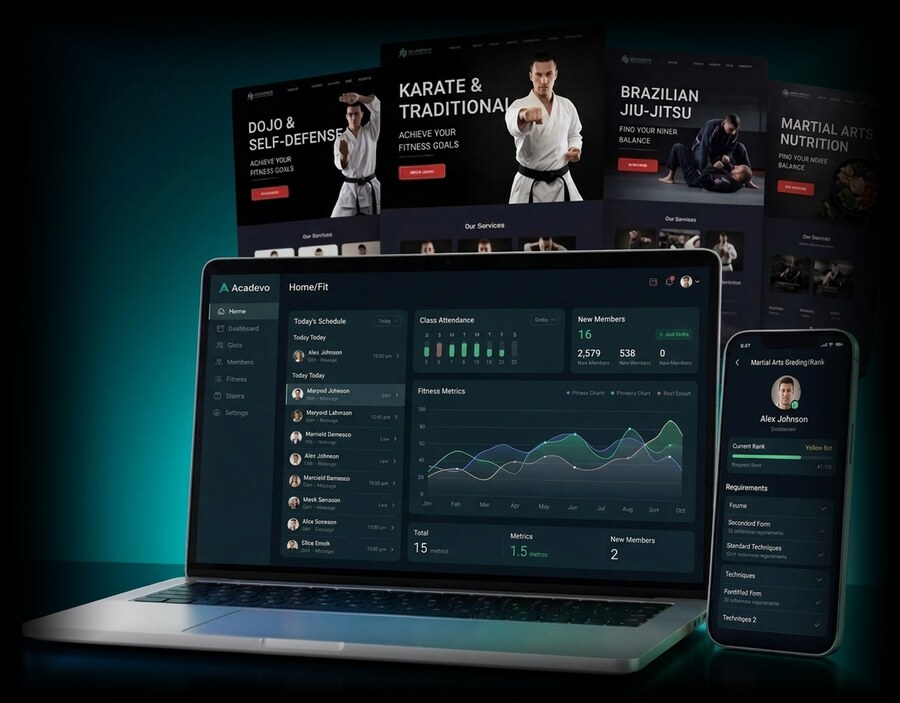 AcadevoFit Pro academy software on laptop and phone