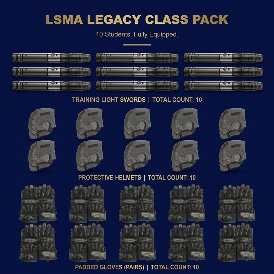 LSMA Legacy Class Pack: ten training light swords, ten helmets, ten pairs of gloves